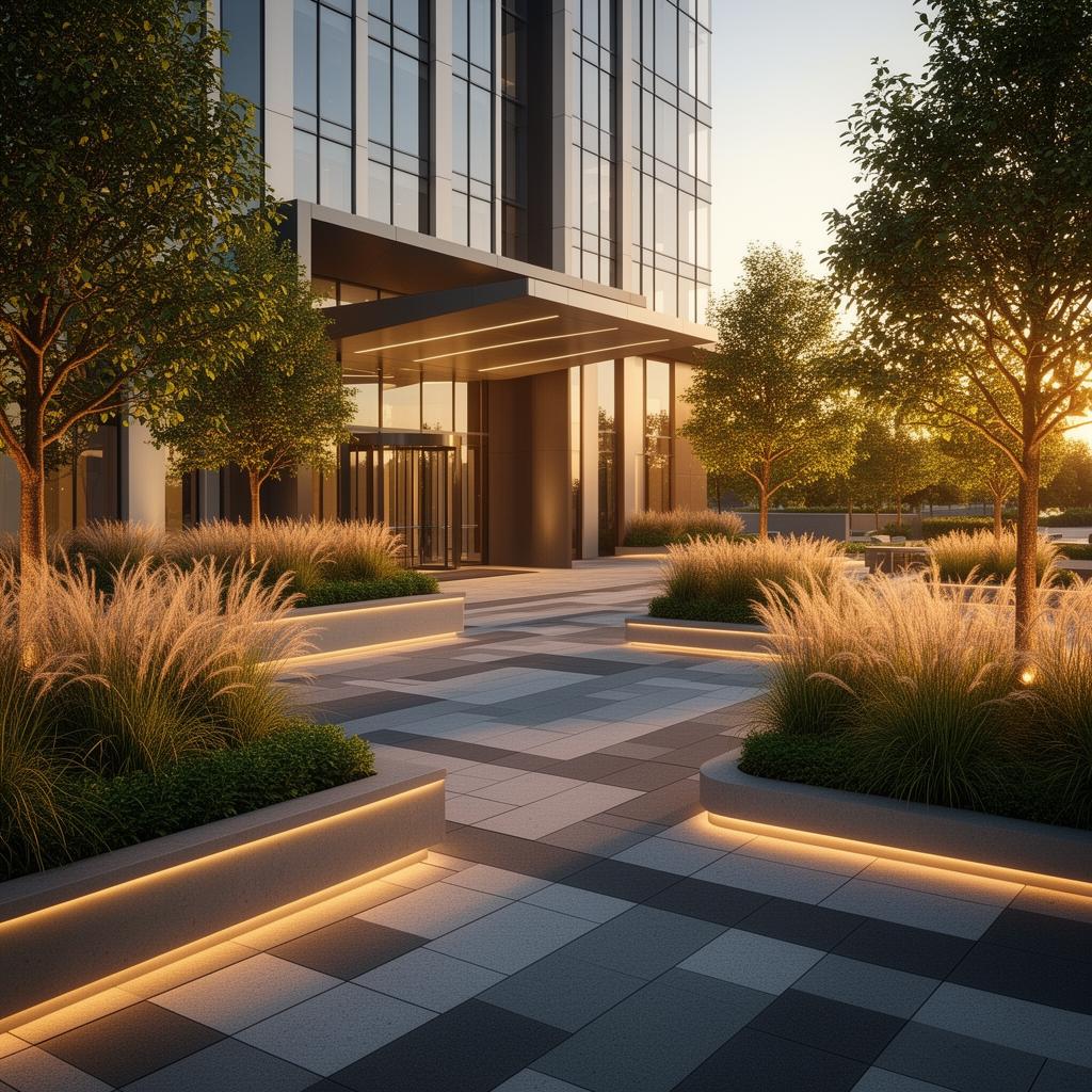 Modern commercial plaza landscape with paver walkways and accent lighting