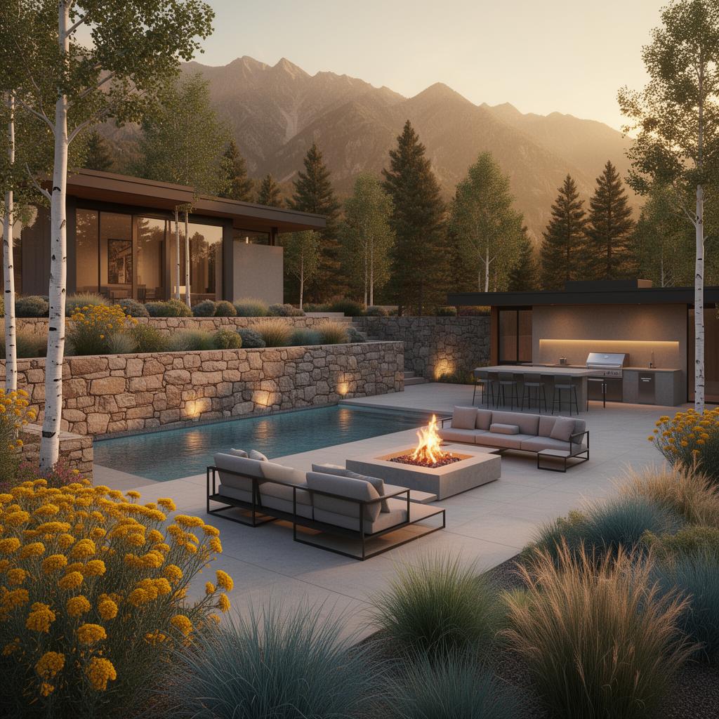 3D landscape design render of a luxury Utah backyard with infinity pool, fire pit lounge, outdoor kitchen, and Wasatch mountain backdrop