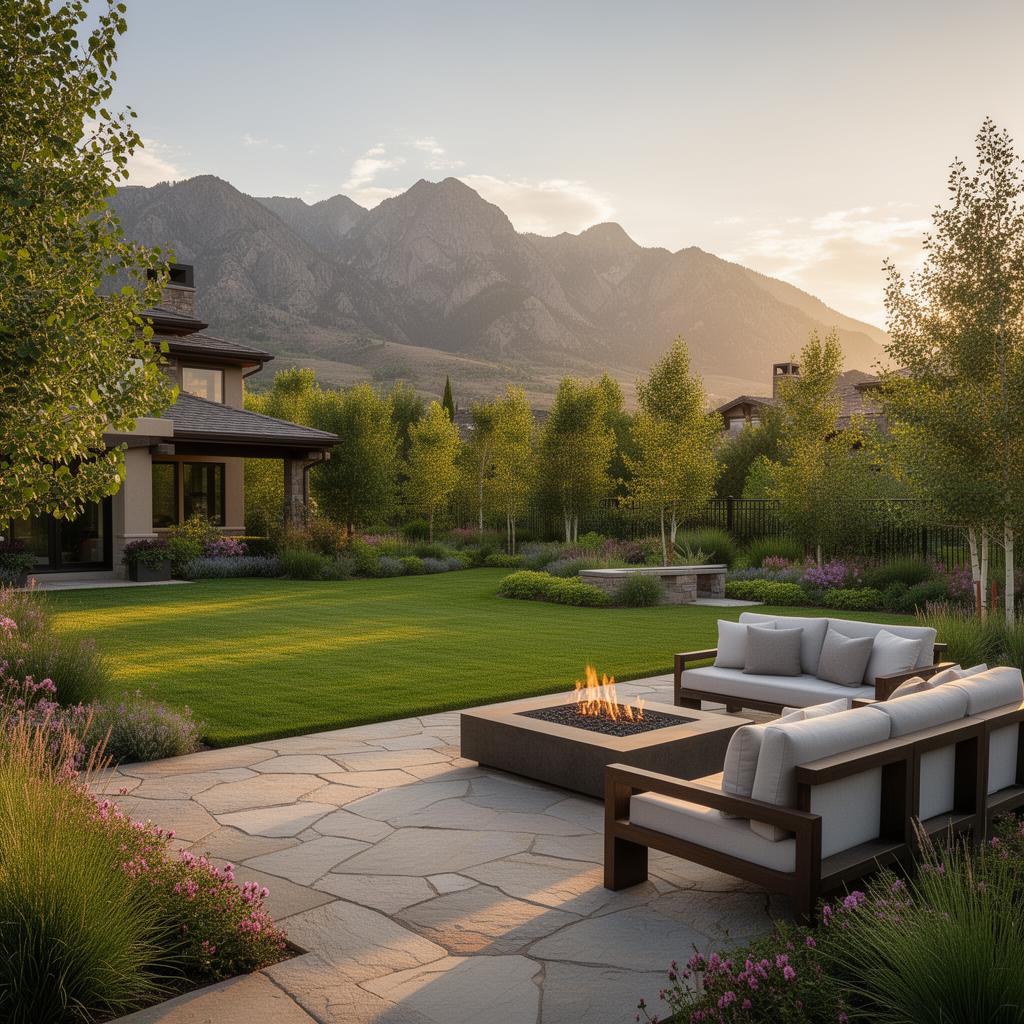 Luxury residential landscape with stone patio and mountain views